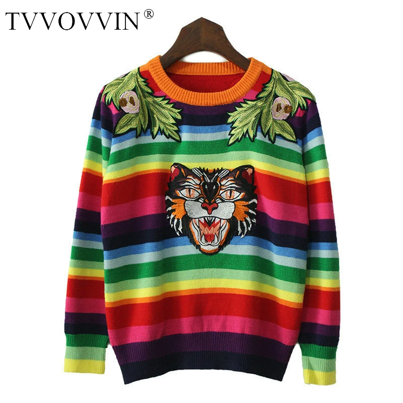 TVVOVVINFashion, Женские флисовые свитера,, зима, новинка, Повседневный, Круглый ворот, вышивка, полосатый, хлопок, пуловер, дикий, вязаный свитер, H905