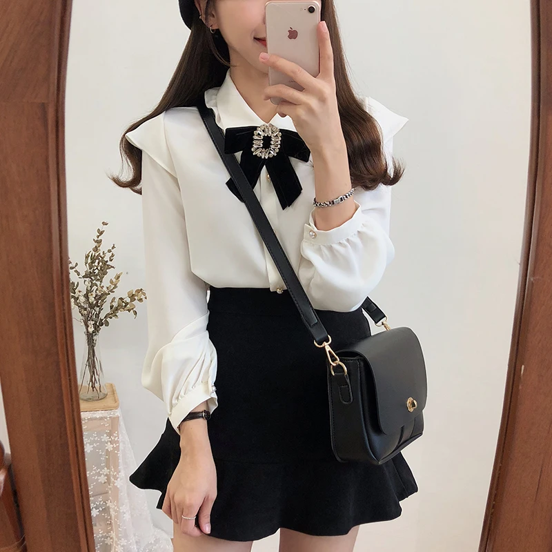 Женская блузка топы элегантная бабочка длинный рукав женская рубашка модная с