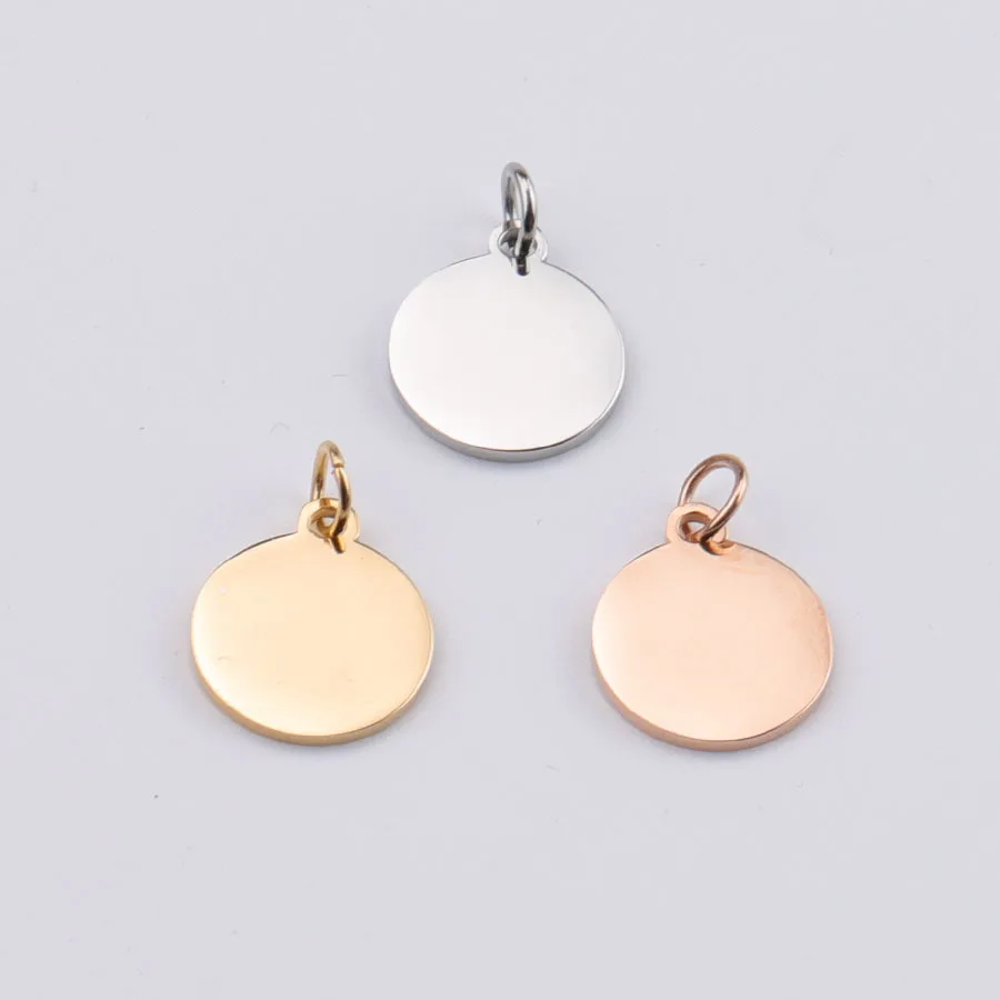 50pcs 12mm Rose Gold Color Mirror Polish Stainless Steel Round Pendants with Jump ring Stamping Blanks For DIY Tag