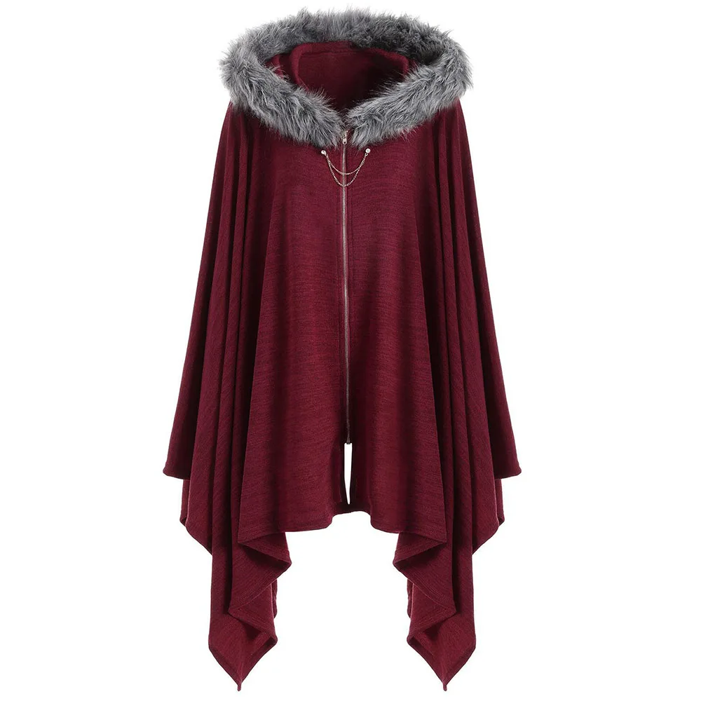 Готическая женская зимняя теплая черная накидка на молнии с неровным пухом