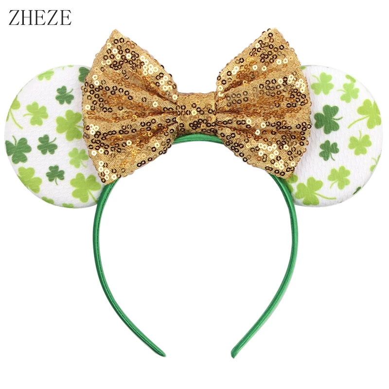 New St Patrick's Day Mouse Ears Headband Girls Sequins Bow Festival Hairband Cosplay Princess Party DIY Hair Accessories