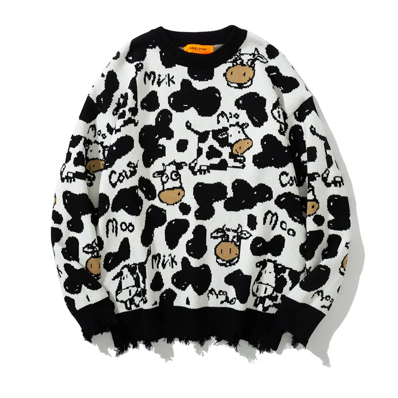 

Fall Woman Knit Oversize Jumper Aesthetic Harajuku Ladies Sweater Cow Spots Print Pullovers Autumn Clothes Sweaters Women Winter