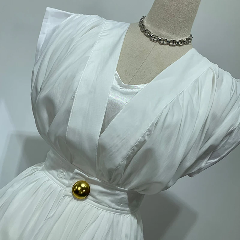 

TWOTWINSTYLE White Three Piece Set For Women V Neck High Waist Midi Dress Sleeveless Coat Irregular Belt Casual Sets Female 2021