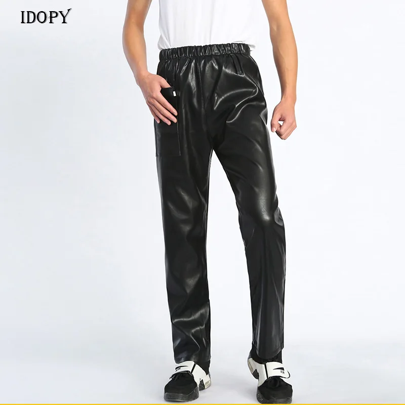 

Idopy Men`s PU Faux Leather Pants Outdoor Comfy Elastic Waist Windproof Waterproof Workwear PU Trousers For Male