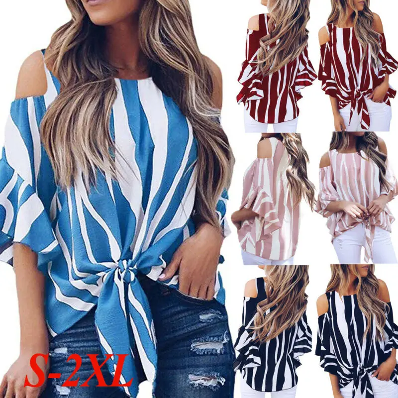 Женская блузка в полоску с открытыми плечами и коротким рукавом | одежда