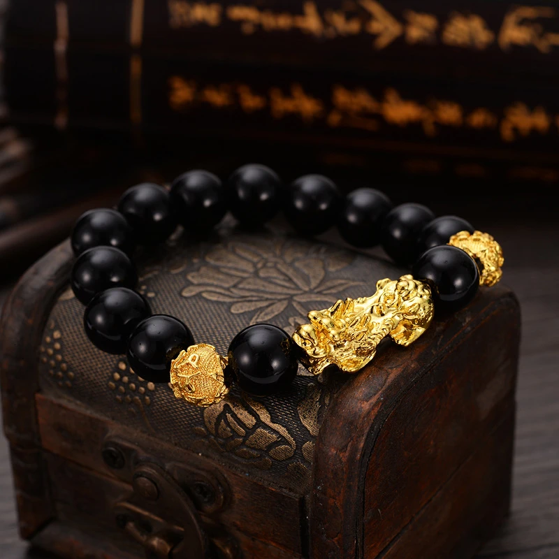 Модный браслет со счастливым имитацией обсидиана животное пиксиу золотой цвет