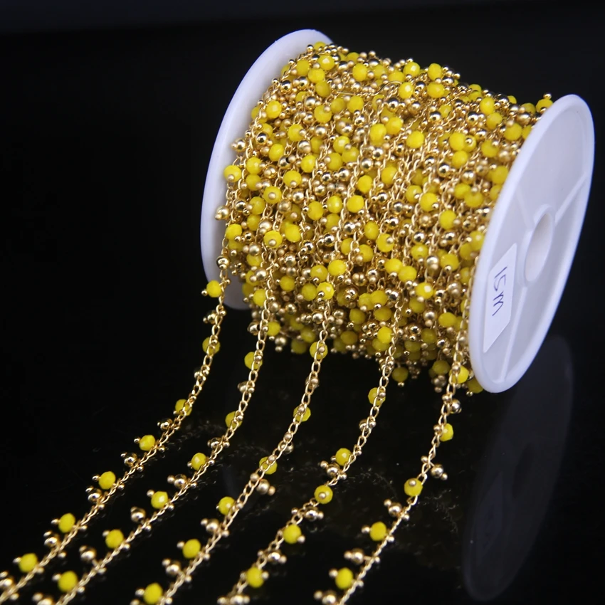 

3x4mm yellow color Glass Bead&Copper beads Chain Plating gold color, Crystal Quartz Faceted Rondelle Wire Wrapped Rosary Chain
