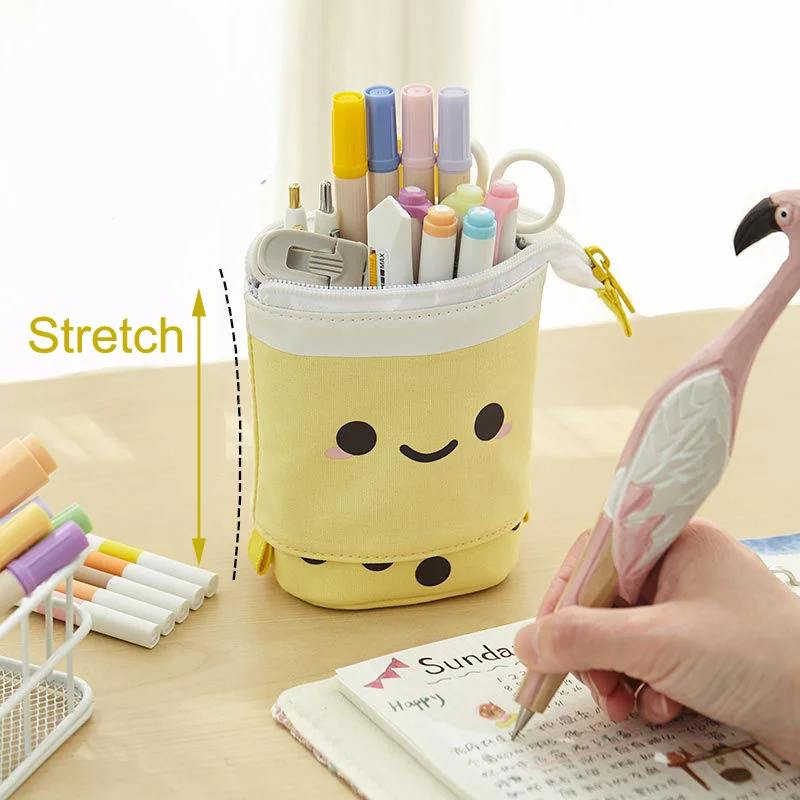 

Cute Stationery Pearl Milk Tea Pencil Case Canvas Stand Up Pop Up Pencil Box Kawaii Pencil Pouch Makeup Pen Bag School Supplies