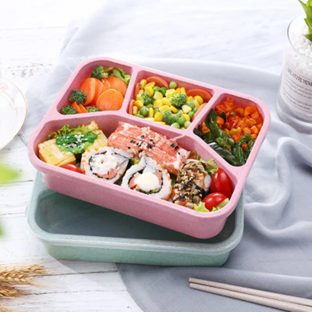 

4 Grids Microwave Lunch Box Wheat Straw Portable Bento Box Bags Dinnerware Food Storage Container Children Kids School Office