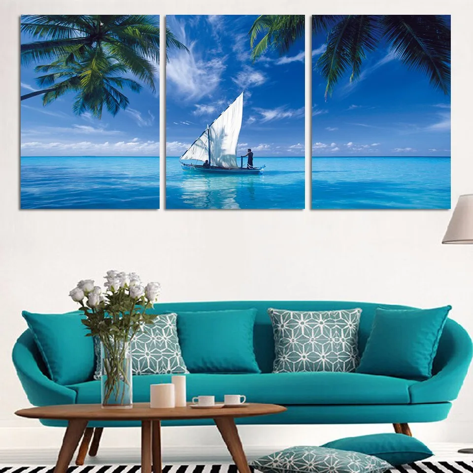 

Modern Home Decor Canvas 3 Panel Blue Ocean Scenery Wall Art Poster HD Printed Painting Modular Pictures For Living Room Framed