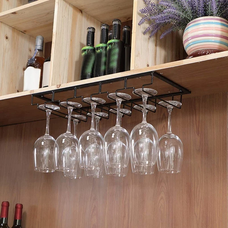 

5 Slots Wine Glass Rack-Under Cabinet Stemware Rack Hanging Wine Glass Holder for Kitchen Bar 2 Pack Black