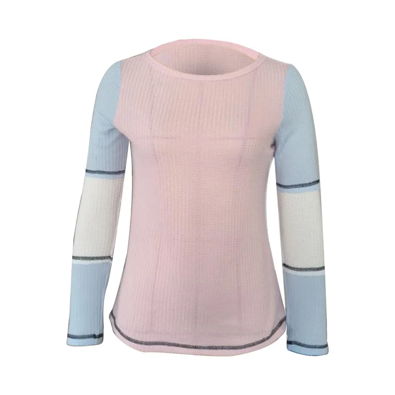 

Spring and Autumn Women's Lace Round-necked Top Hollow Knit Breathable Three-color Stitching Bottom Shirt