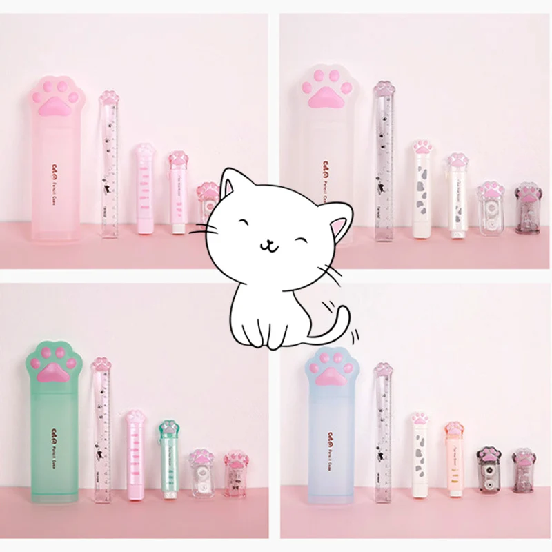 6Pcs/lot Creative Cat Paw Stationery Set  Transparent Pen Box Pencil Sharpener Correction Tape Glue Eraser Ruler for Girls Gifts images - 6