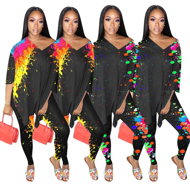 

HAOYUAN Tie Dye Two Piece Set Women Fall Tracksuit Side Split Plus Size Loose Top Bodycon Pant Lounge Wear Outfits Matching Sets