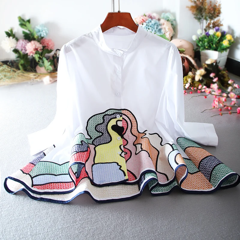 

Spring new shirt loose embroidered doll shirt A slim Korean women's cotton top button up shirt korean fashion