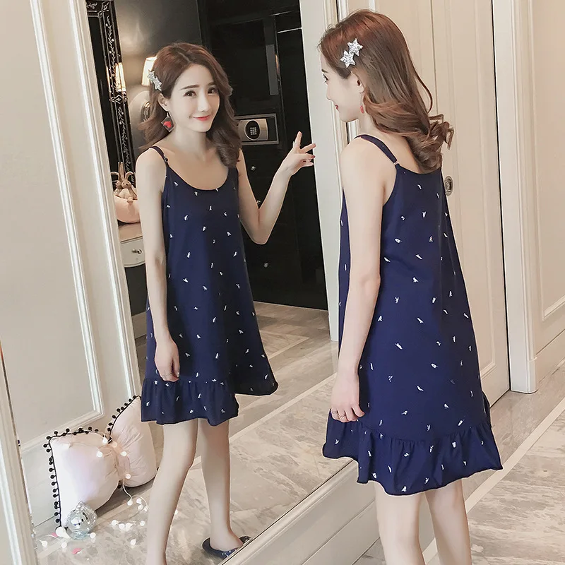 Korean Version Student Nightdress Female Summer Sweet Lovely Suspender Nightdress Summer Cotton Skirt Vest Home Clothes