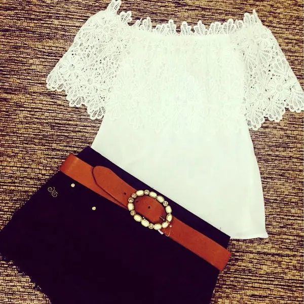 

Fashion Summer Lace Crochet Off Shoulder Chiffon Shirt Casual Tops Blouse