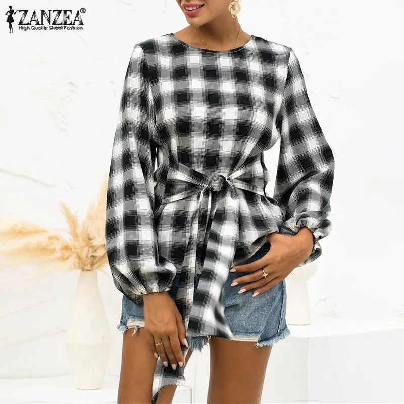 

Stylish Check Tops Women Blouses ZANZEA 2021 Fashion Casual Long Sleeve Blusas Female O Neck Plaid Tunic Lace Up Chemise Blusas