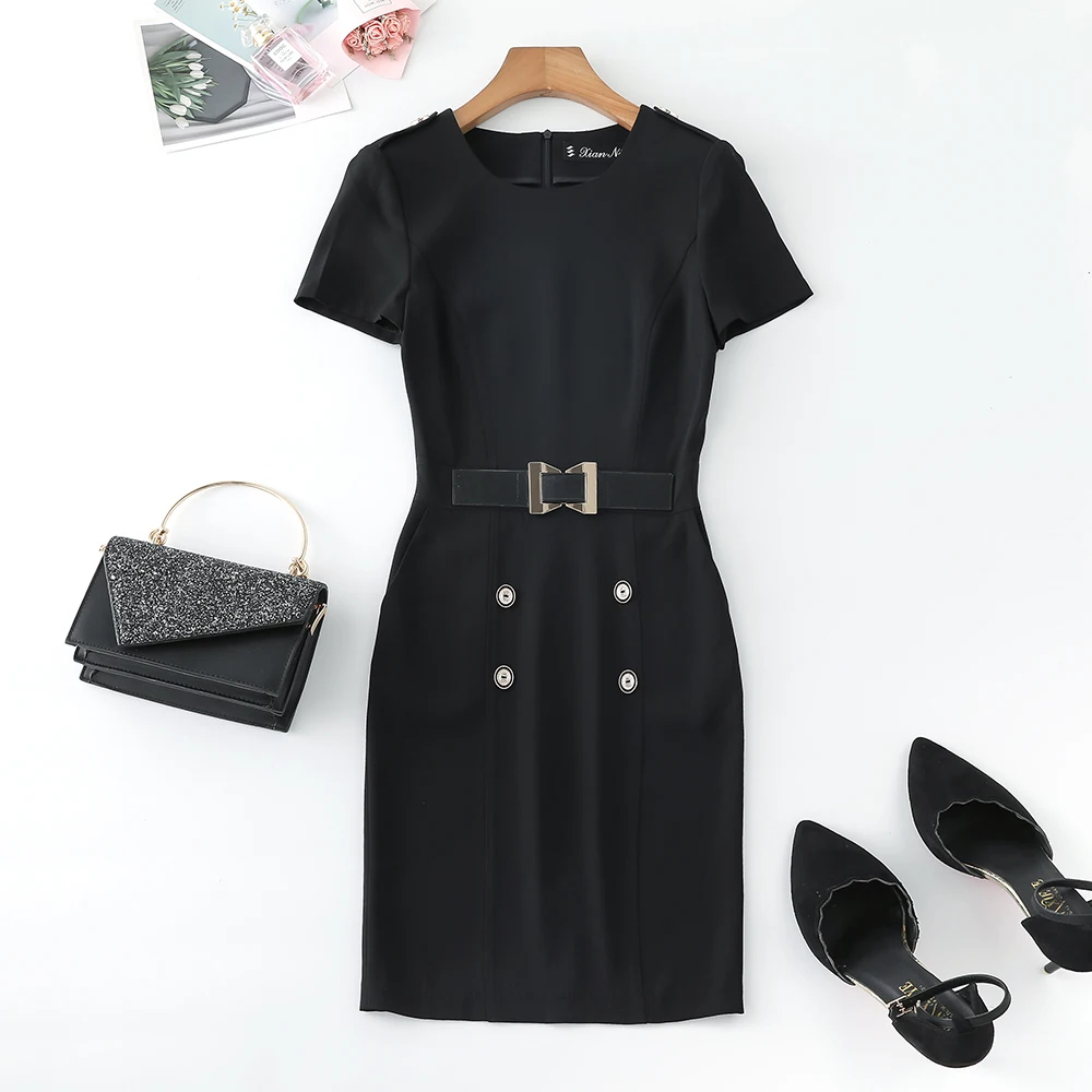 

High Quality Women Short Sleeve Summer Dress With Sashes Uniform Design Ladies Girl Sheath Square Collar Black Work Mini Dress