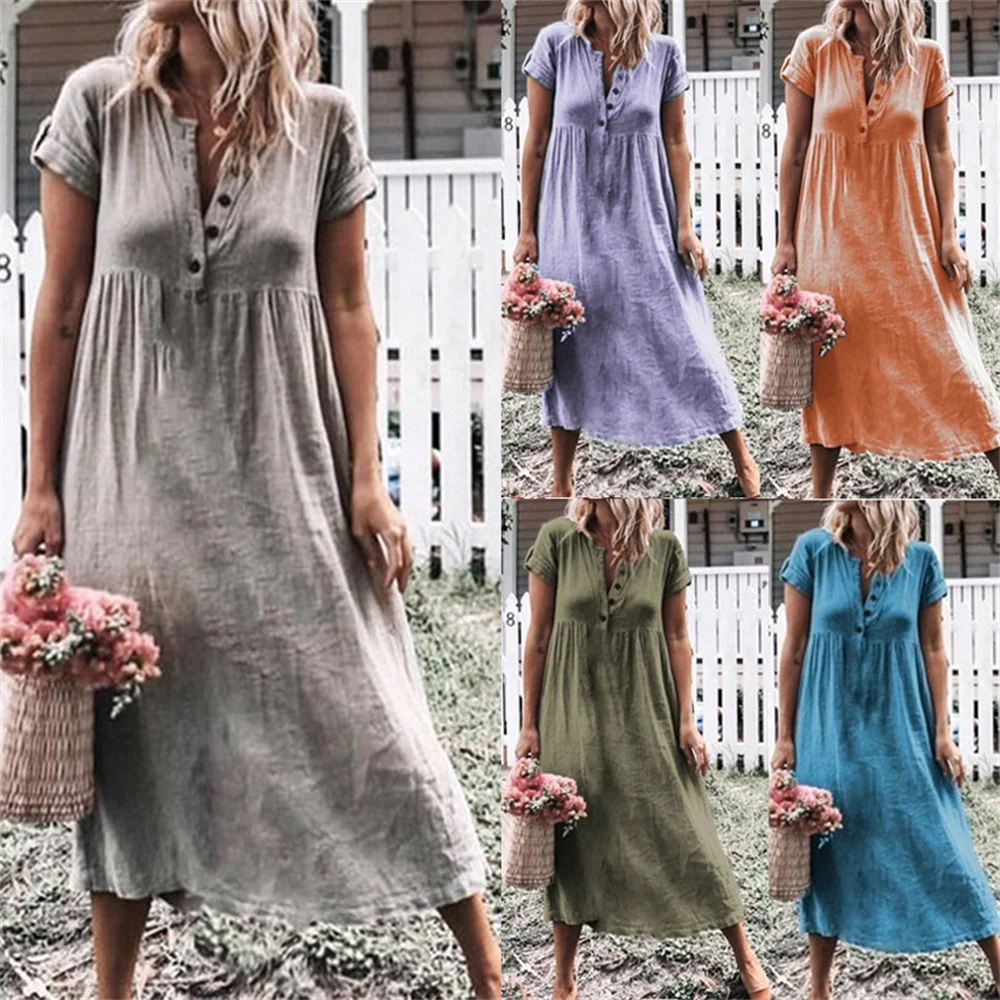 

Dresses For Women Solid Color Deep V Neck Button Short Sleeve 2021Summer New High Quality Midi Dress Women Beach Long Dress Boho