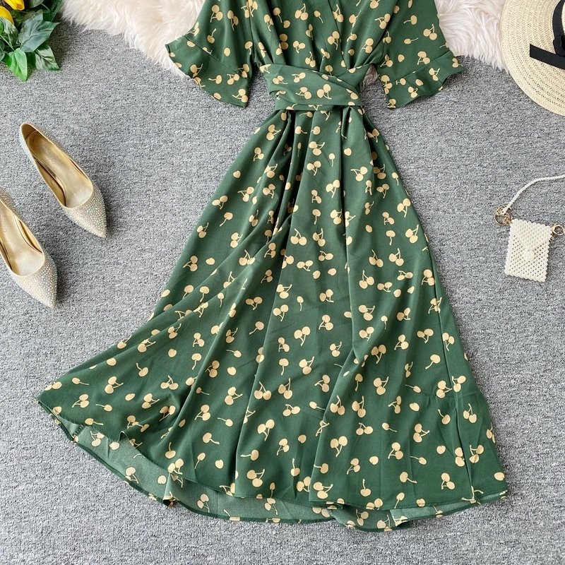 

Casual Boho Floral Print Dress Summer Short Sleeve Bandge Midi Dresses For Women 2021 Fashion Beach Dress Vestidos