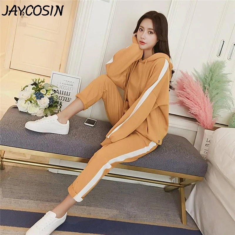 JAYCOSIN женский спортивный костюм с длинным рукавом, толстовка с капюшоном, топ с боковыми полосатыми штанами, комплект из 2 предметов, повседневная одежда, женский спортивный костюм