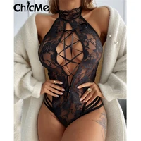 chicme black bodysuit ladies crochet lace sheer lace up teddy see through mesh bodysuit sleeveless halter women sexy onesize bed