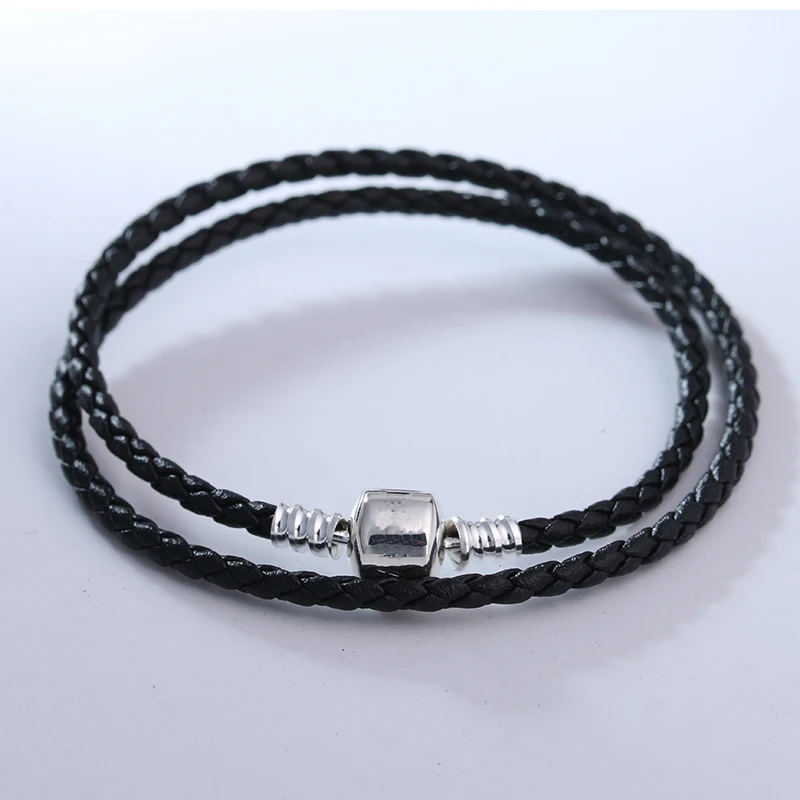 

Black Double Leather Bracelets For Woman DIY Beads & Charms Fashion Jewelry Bracelets with Silver Clasp European Style Jewelry
