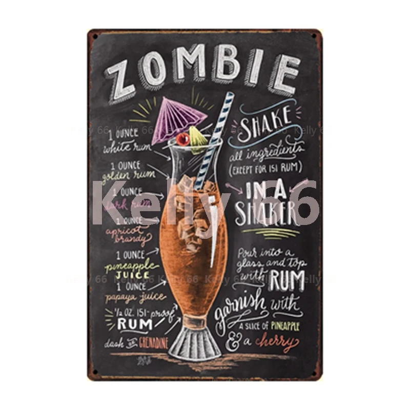 

[ Kelly66 ] Chalk Drawing Cocktail Zombie Amaretto Sour Mai Tai Metal Sign Home Decor Bar Wall Art Painting 20*30 CM Size LAT-09