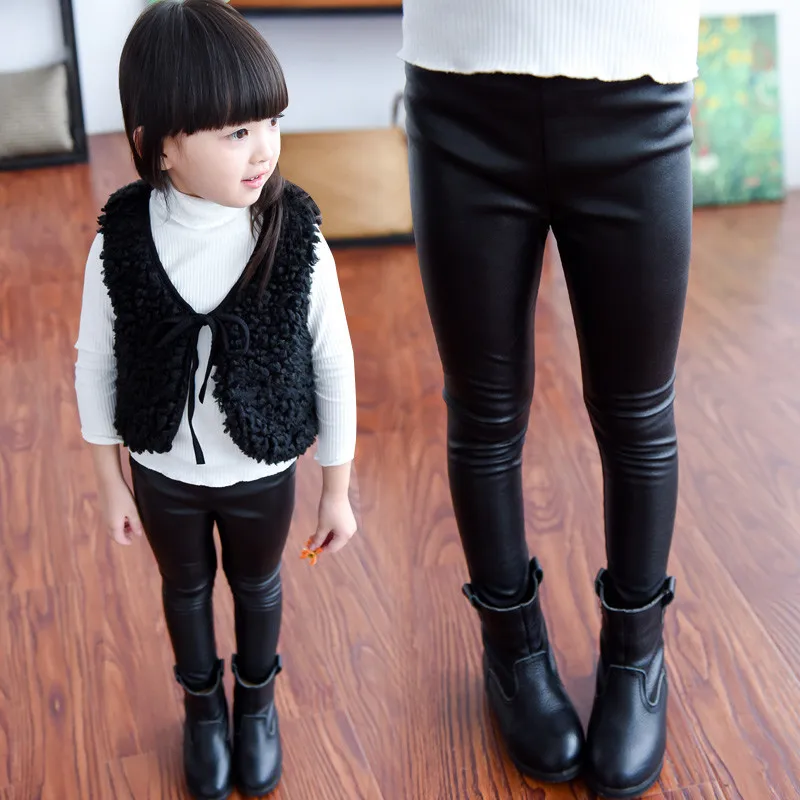 Зимние штаны для девочек бархатные леггинсы с высокой талией теплые кожаные