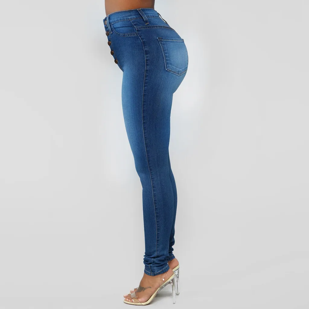 Модные женские джинсы с высокой талией Стрейчевые узкие однобортные брюки