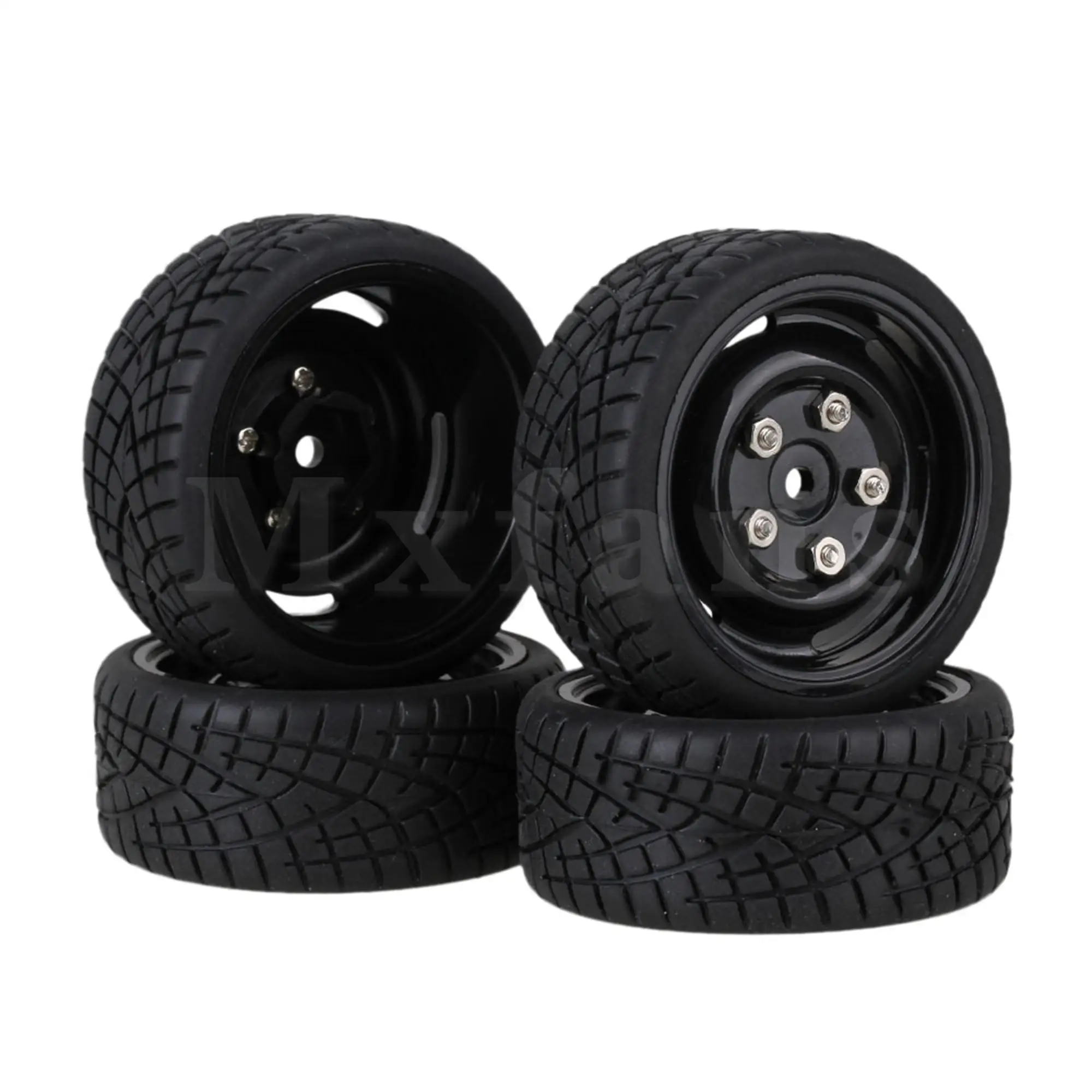 4PCS Fish Pattern Rubber Tire & Black Plastic Wheel Rims w/ Screws for RC1:10 Car