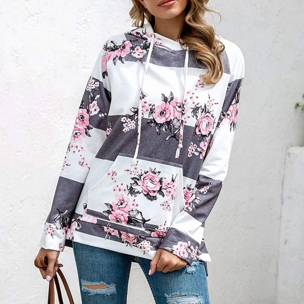 

Woman Autumn Winter Clothes Casual Hot Selling Fashion Rainbow Stripe Flower Long Sleeve Hooded WQAX1
