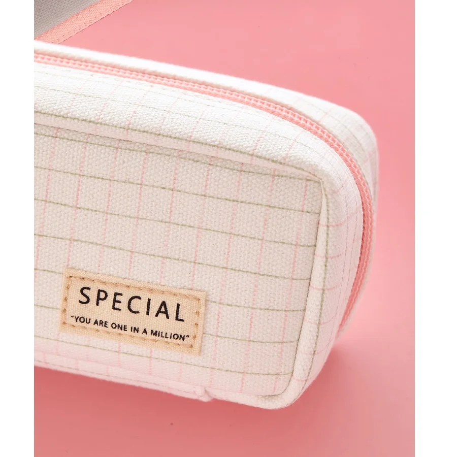 

Angoo [Plaid] 3 Layer Pen Pencil Bag, Pink Color Grid Case Large Organizer Storage Pouch Stationery School Student Gift F461