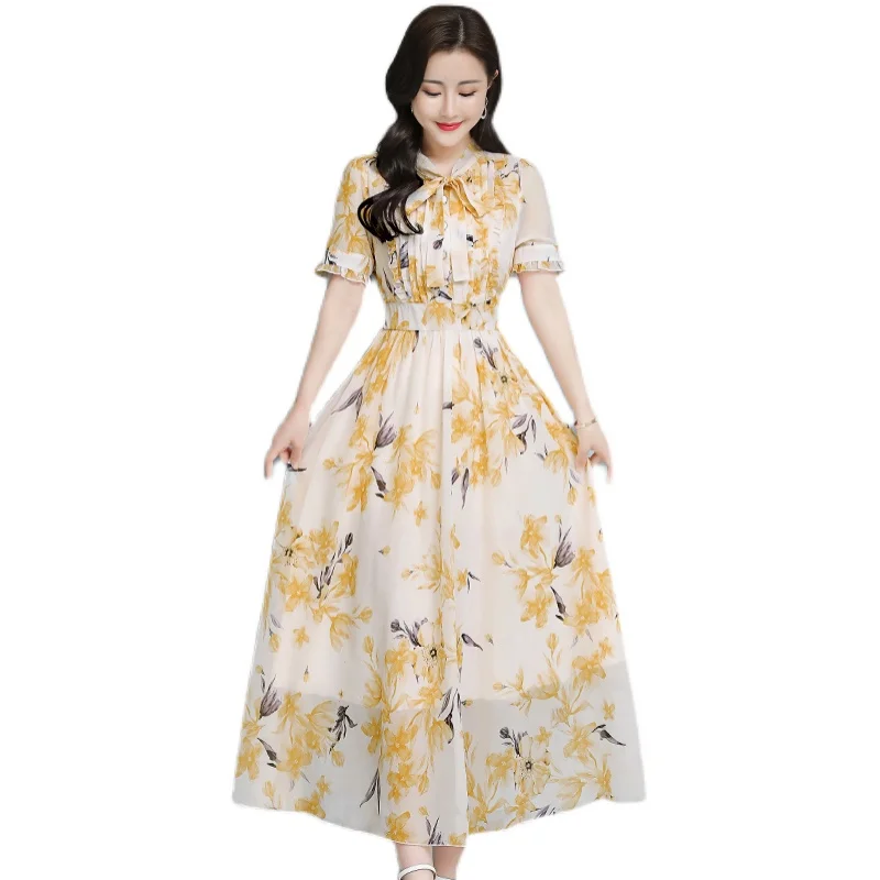 

COIGARSAM 3XL Plus Size Print Women Long dress New Summer Chiffon Short Sleeve Dresses Yellow 2877