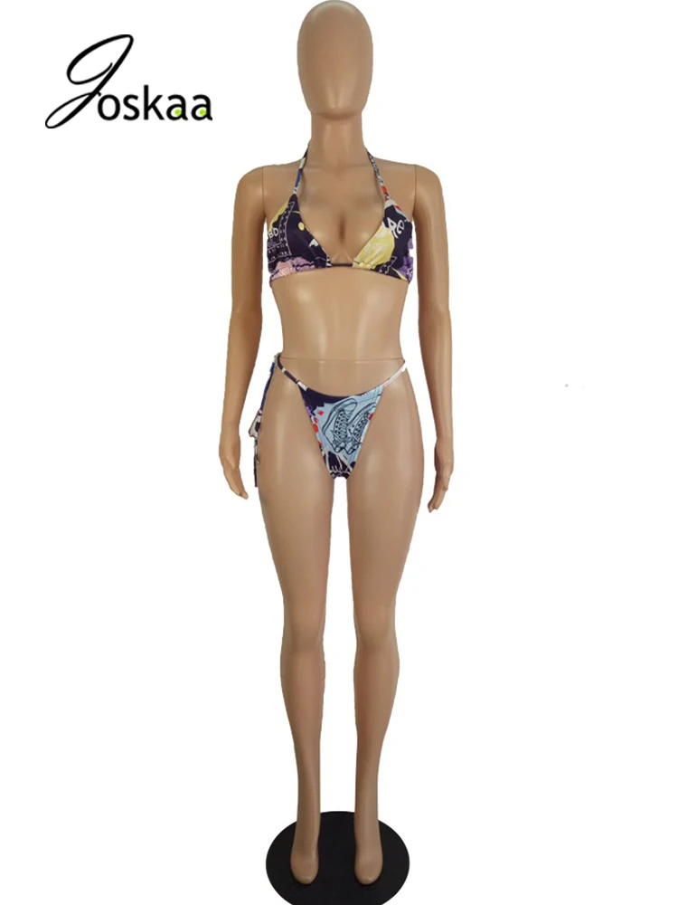 

Joskaa Print Bikini Set+Drawstring Mini Skirt+Flare Sleeve Crop Top 4 Piece Sets Summer Women Party Clubwear Fashion Streetwear