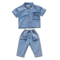 dfxd high quality children clothing sets new summer cotton two piece outfit sets short sleeve jeans blouse topspants 2 7yrs