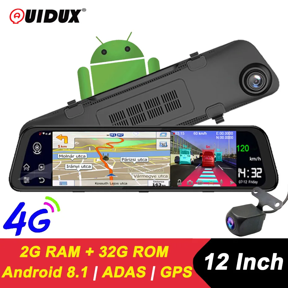 

QUIDUX 12" 4G Touch Screen Car Dash Camera Recorder Rearview DVR Mirror 1080P Android 8.1 Wifi GPS Navigation Mirror Video Cam