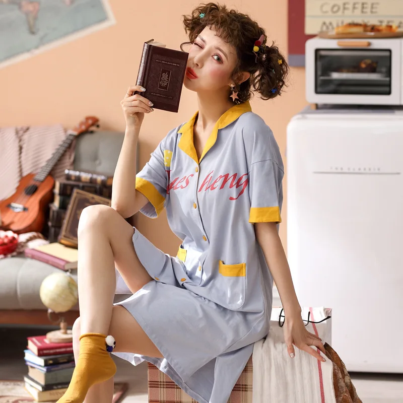 Summer New Style Ladies Short-Sleeved Cardigan Nightdress Fashion Pure Cotton Pajamas Comfortable And Cute Fresh Home Service