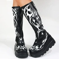 womens mid calf boots black platform shoes 2021 female autumn boot high heels gothic femenino wedges bootie for ladies bota