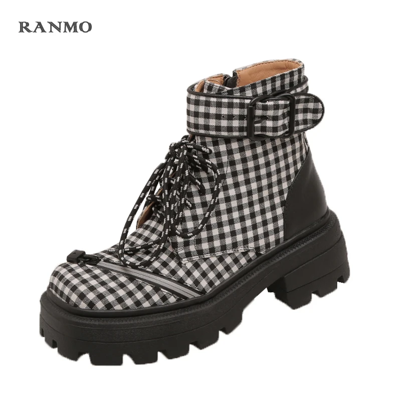 

Fashion Martin boots 2021autumn and winter new classic plaid striped side zipper opening womens shoes thick shoes low heel shine
