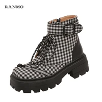 fashion martin boots 2021autumn and winter new classic plaid striped side zipper opening womens shoes thick shoes low heel shine