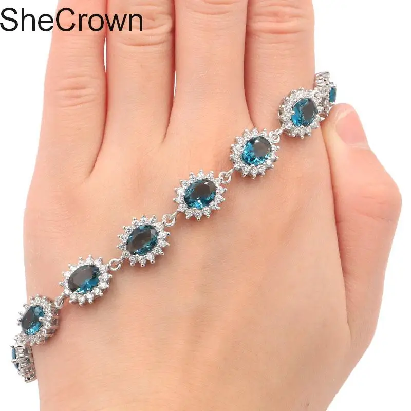 17x11mm Beautiful London Blue Topaz CZ Ladies Engagement Silver Bracelet 7.0-8.0in