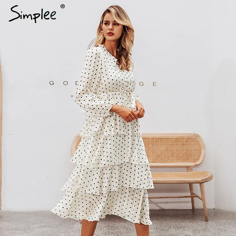 Simplee Elegant polka dots dress women Long sleeve ruffled long cake dresses female Vintage ladies evening party vestidos | Женская