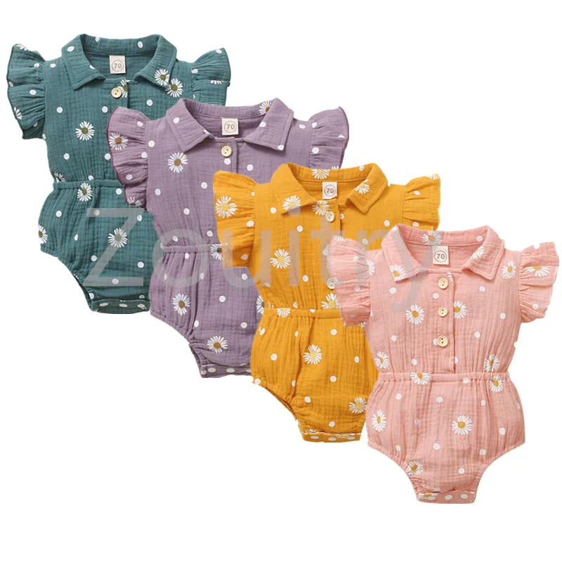 

Комбинезон хлопковый для девочек 0-24 месяцев, с оборками на рукавах, с цветочным принтом на пуговицах
