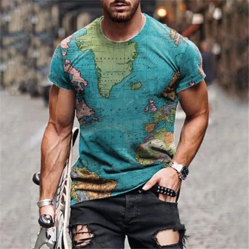 

Men's 2020 new men's summer map printing men's short-sleeved T-shirt 3D printing T-shirt casual breathable funny