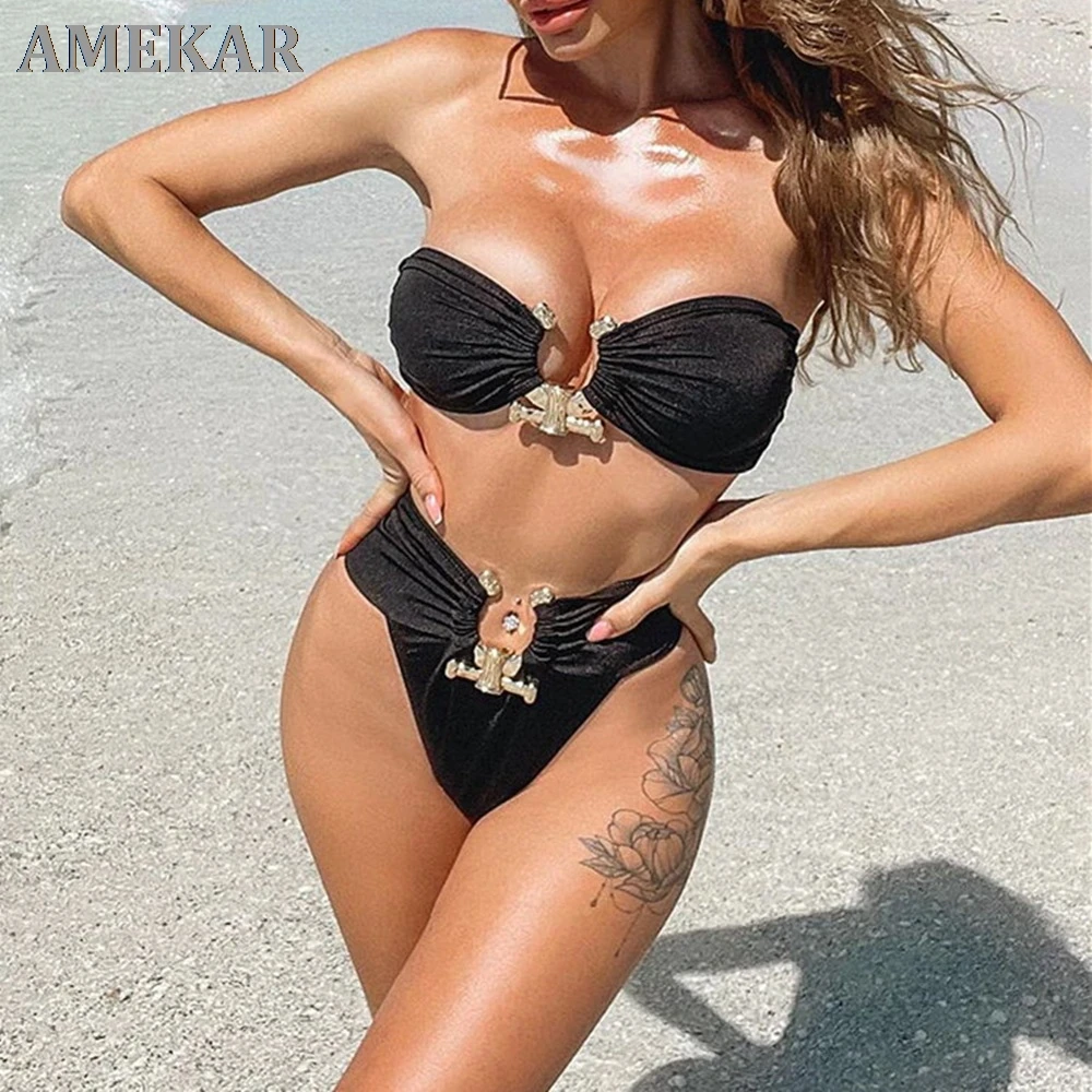 

2021 сексуальный женский купальник бикини с высокой талией и стразами, женский купальник из двух предметов, комплект бикини с кольцами, купал...