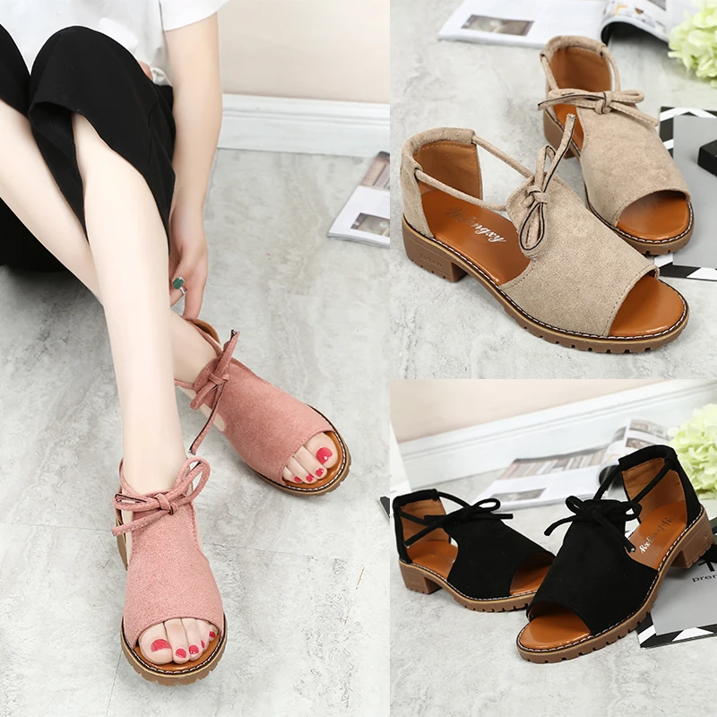 

2020 New Korean Style Sandals Women Summer Open-toed Mid-heel Thick Heel Women Anti-slip Roman All-match Flat Shoes Women