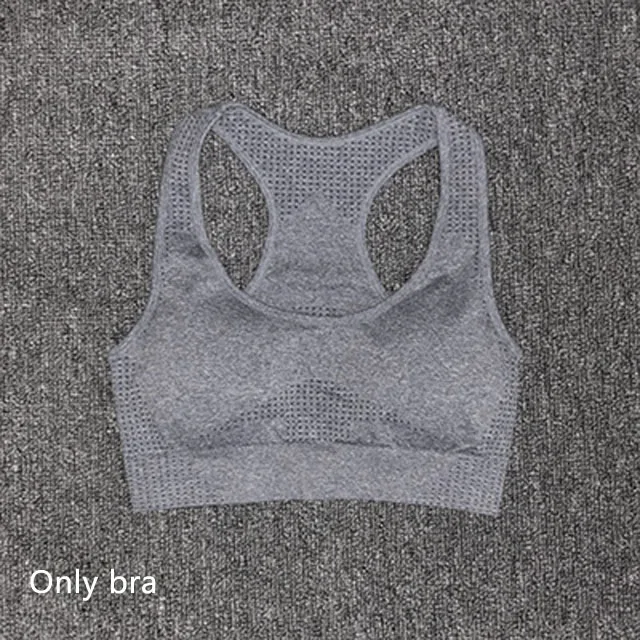 Gray blue bra Комплект для йоги из 3 предметов, бесшовные леггинсы+ спортивный бюстгальтер+ укороченный топ с длинными рукавами, женская одежда для зала и бега, спортивный костюм для фитнеса с высокой талией - Цвет: Gray blue bra