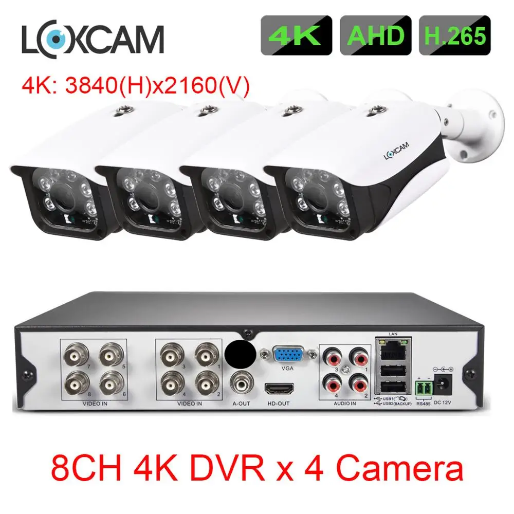 LOXCAM H.265+ 8CH 4K Ultra HD CCTV камера системы 8MP наружная IP66 Камера Безопасности ИК ночного видения камера видеонаблюдения комплект - Цвет: 8CH DVR x 4 Camera